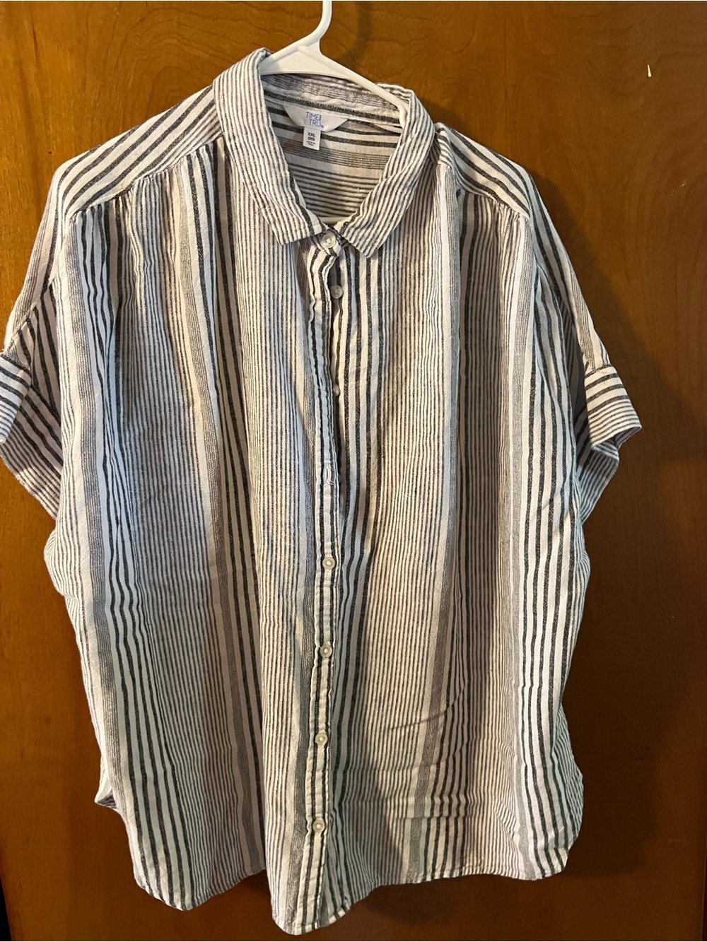Time and Tru Women's Short-Sleeve Button Down Shirt - White & Gray Stripe